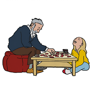 Bedstefar og barnebarn spiller vendespil