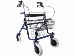 Blå rollator sammenklappelig  - eksempel fra produktgruppen rollatorer med 4 hjul, skubbes