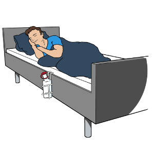 Sovende mand med urinkolbe fæstnet på sengekanten