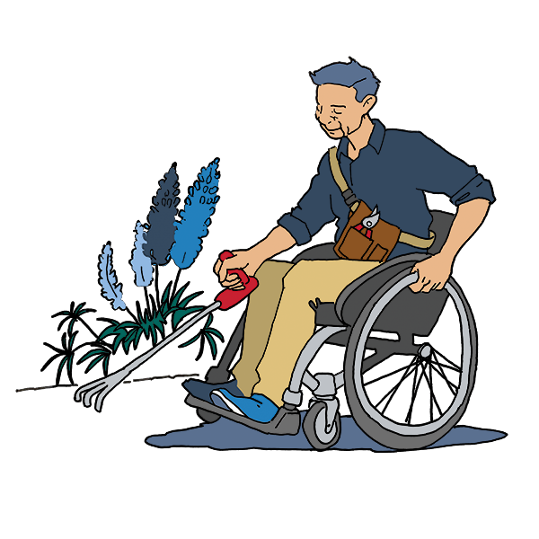 Mand i kørestol anvender håndredskab med forlænget skaft