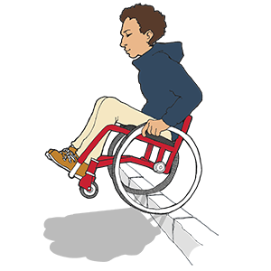 Dreng i kørestol kører over kantsten