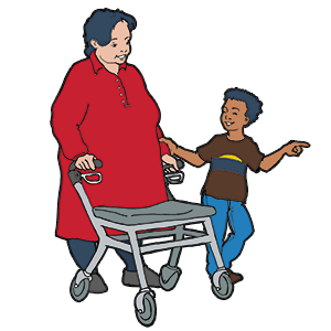 Woman with rollator walking together with a child