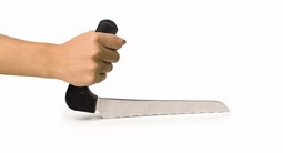 Bread knife with ergonomic handle, blade in stainless steel