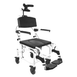 Shower and toilet chair with wheels, tilt and headrest