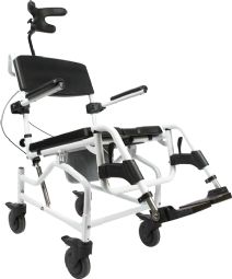 Shower and toilet chair with wheels, tilt and headrest