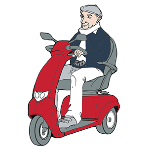 Man on three-wheeled powered scooter