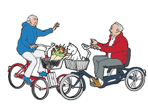 2 cyclists on tricycles greet meet