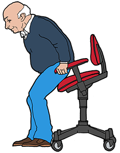 A man stands up from an activity chair by the aid of height and angle adjustment.