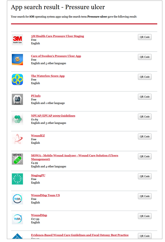 List with apps from App Store matching the search term pressure ulcer
