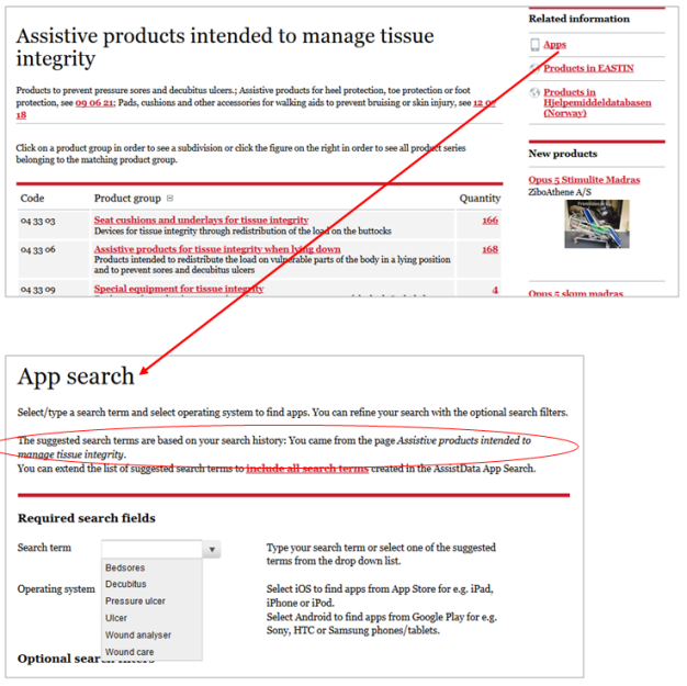 Link from product area to the app search function including search terms related to the product area